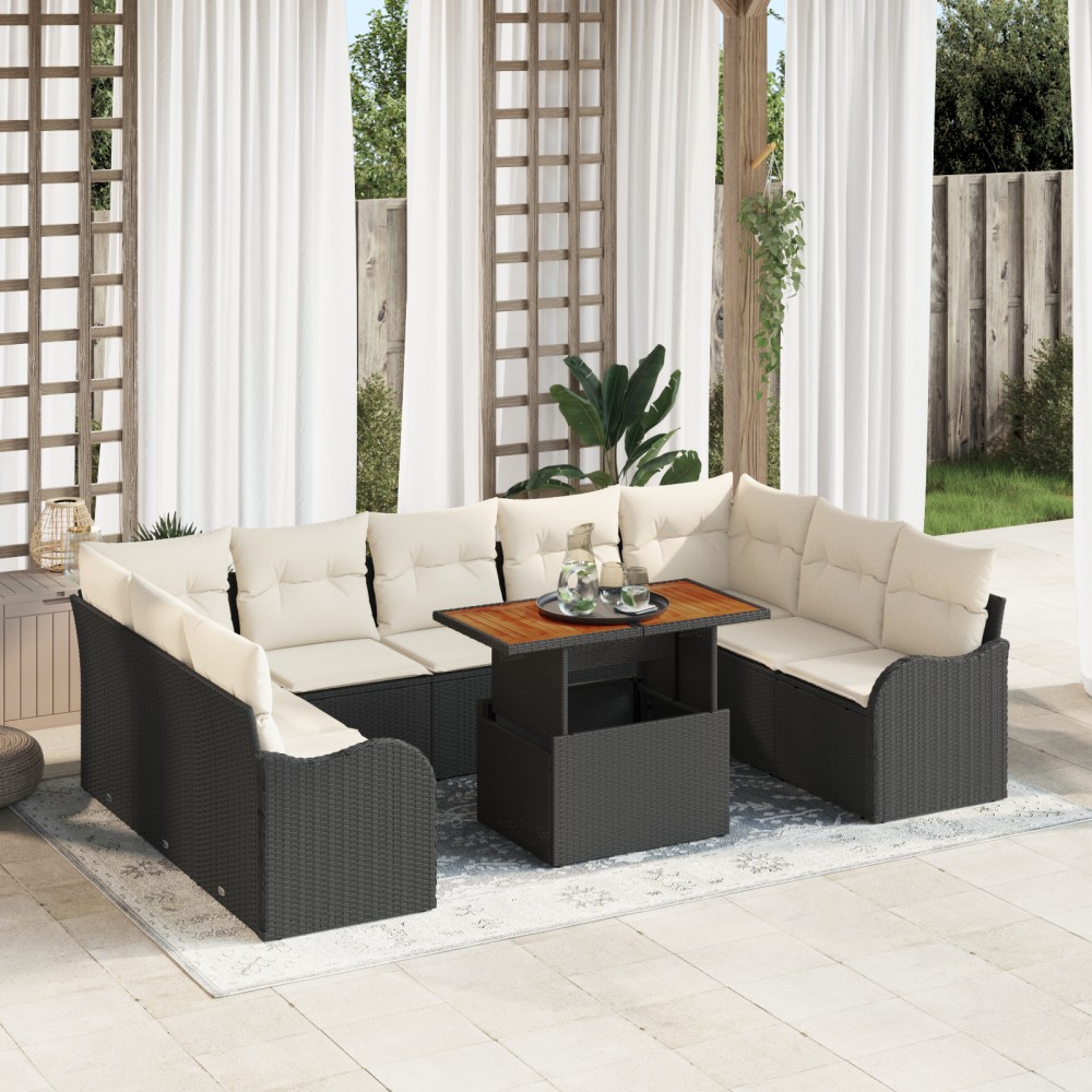 Set 10 Piese Canapea de Grădină cu Perne Negru Ratan Poliwoven Acacia