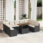 Set 10 Piese Canapea de Grădină cu Perne Negru Ratan Poliwoven Acacia Set 10 Piese Canapea de Grădină cu Perne Negru Ratan Poliwoven Acacia