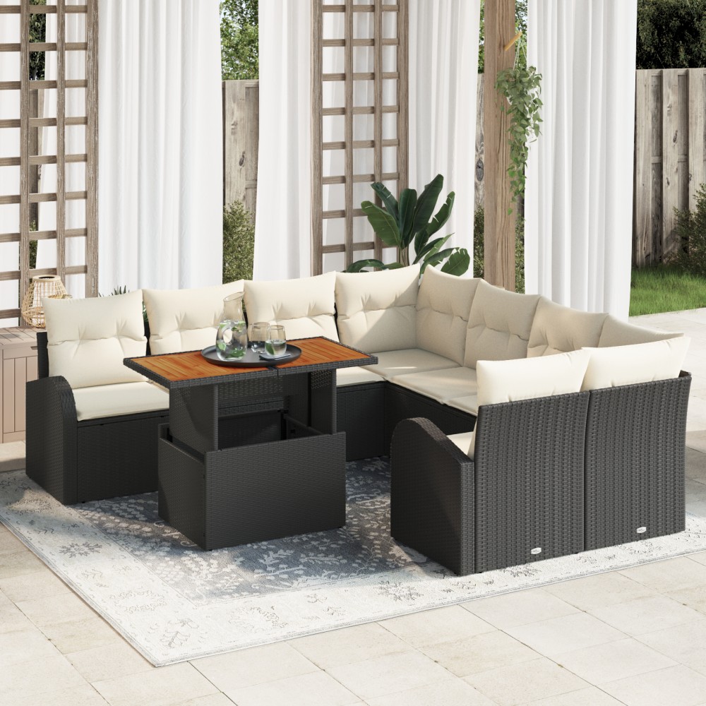 vidaXL Set de canapele pentru grădină cu pernă 9 pcs negru și crem