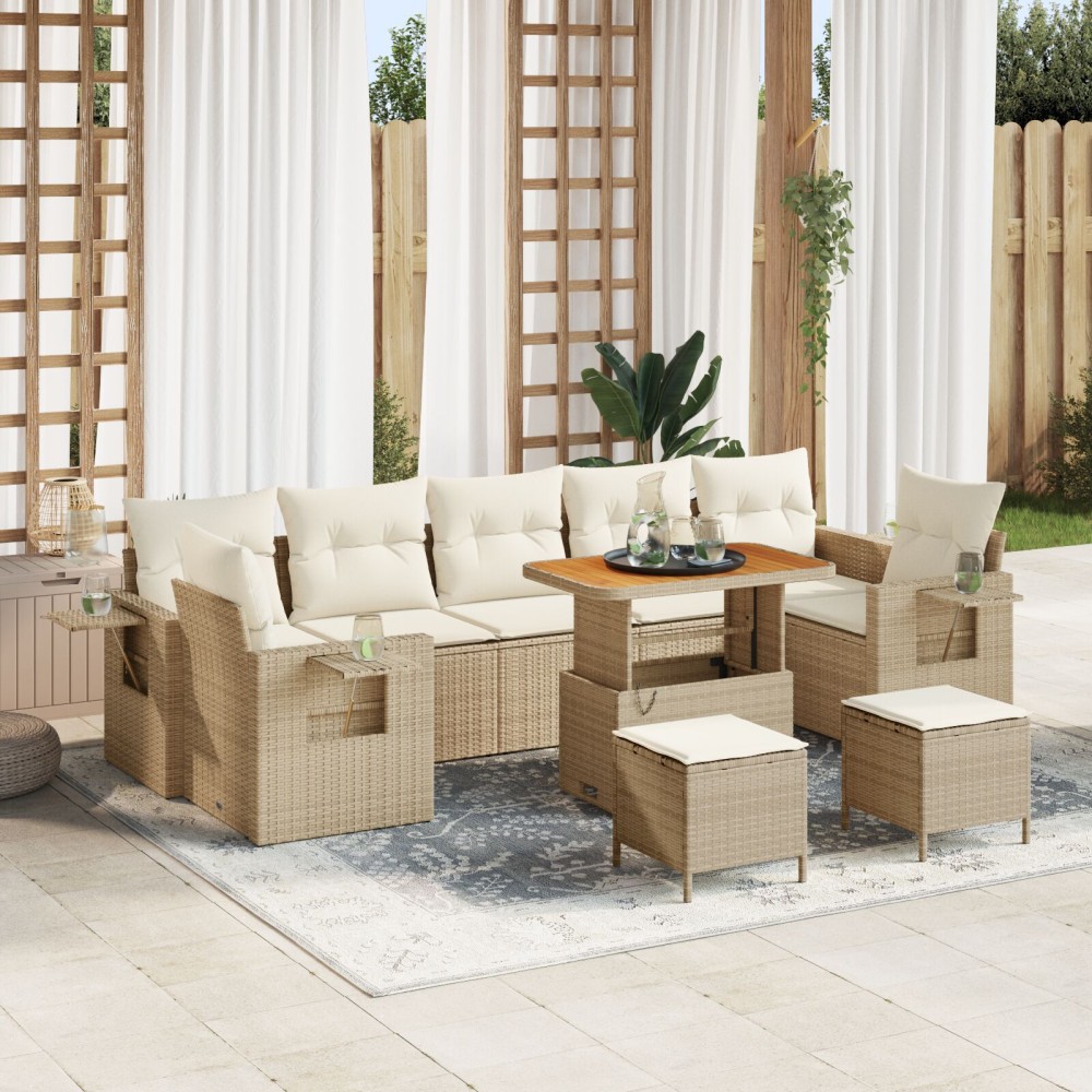 vidaXL Set mobilier grădină , 10 piese, cu perne, ratan poly bej, acacia.