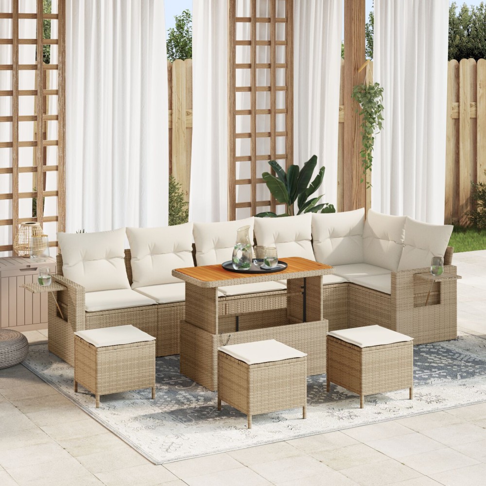 Set 10 Piese Canapea Grădină Cu Perne Bej Ratan Poli Acacia