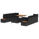 Set 11 Piese Sofa Grădină cu Perne Ratan Poli Acacia Negru Set 11 Piese Sofa Grădină cu Perne Ratan Poli Acacia Negru