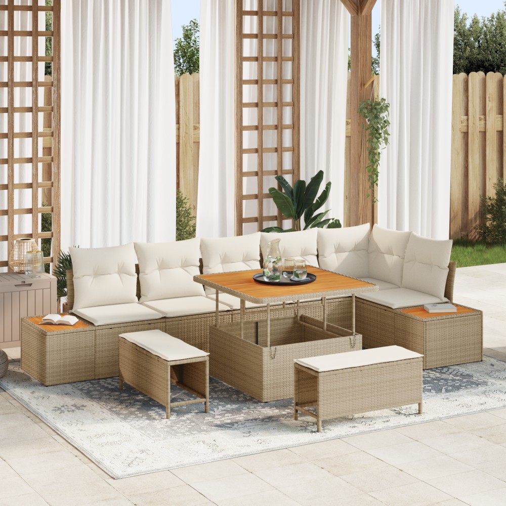 vidaXL Set de canapele pentru grădină cu pernă 9 pcs Bej Rattan poli