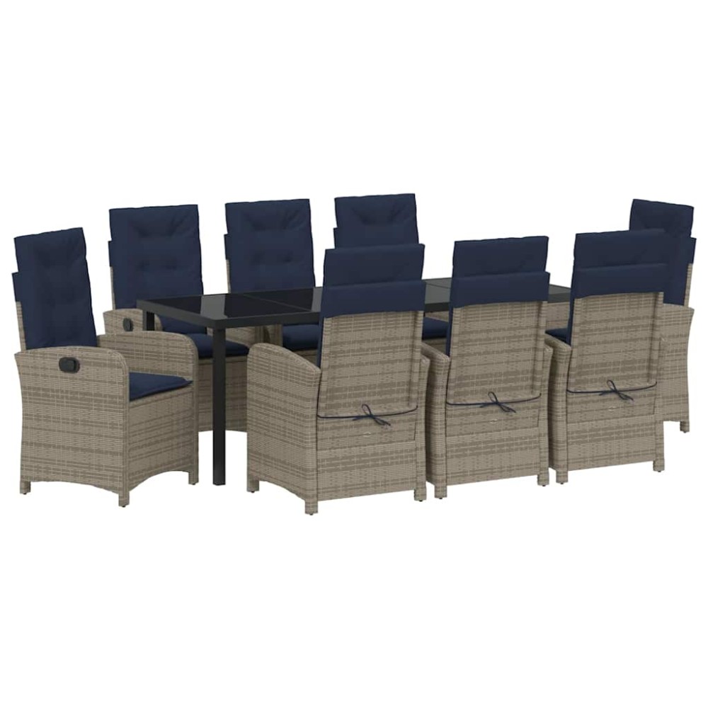 vidaXL Set de dining pentru grădină , 9 piese, cu perne, din ratan sintetic gri.