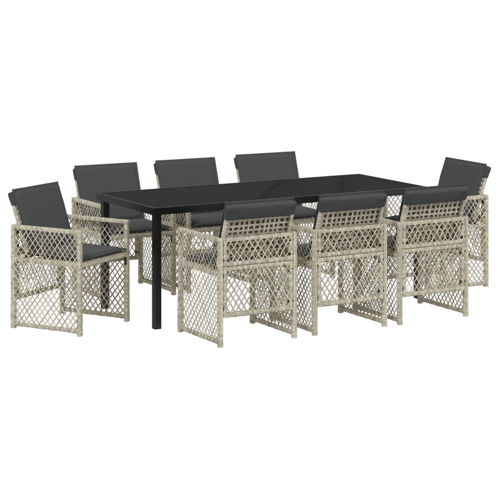 vidaXL Set de dining pentru grădină cu 9 piese și perne gri deschis din ratan poliesteric
