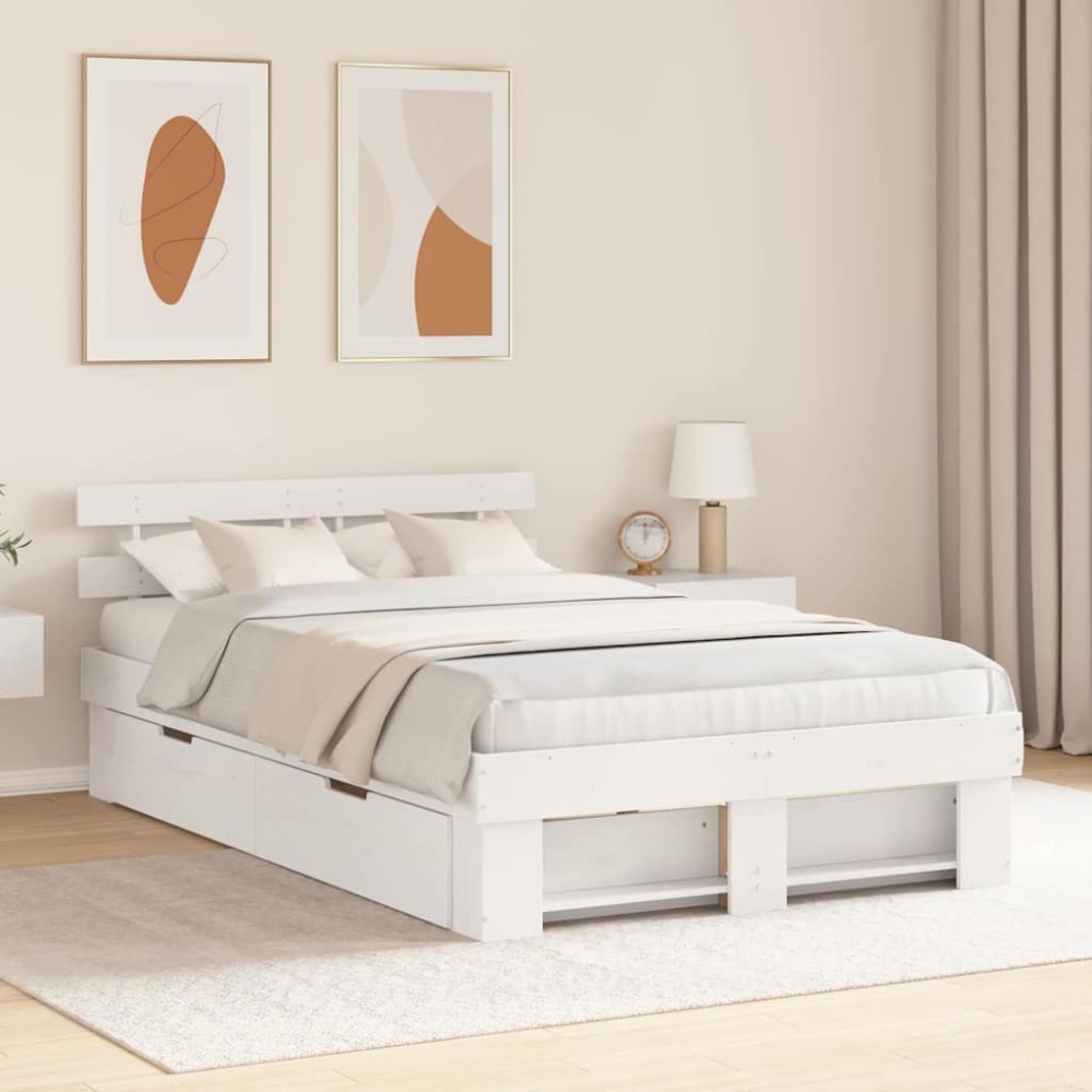 vidaXL Cadru de pat cu headboard Alb 140 x 190 cm Lemn masiv de pin