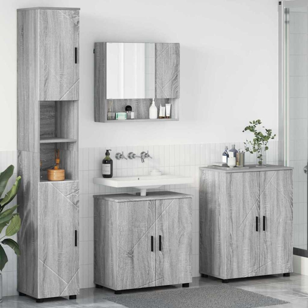 vidaXL Set de mobilier pentru baie Pe perete cu ușă 4 pcs Gri Sonoma