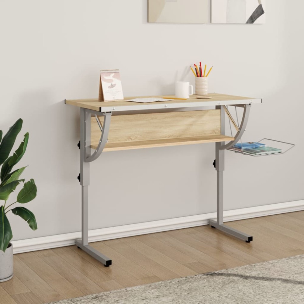 vidaXL Birou stejar sonoma & gri 110x53x(58-87) cm lemn prelucrat&oțel