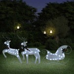 vidaXL Decor de Crăciun cu reni și sanie, 60 LED-uri, alb, exterior vidaXL Decor de Crăciun cu reni și sanie, 60 LED-uri, alb, exterior