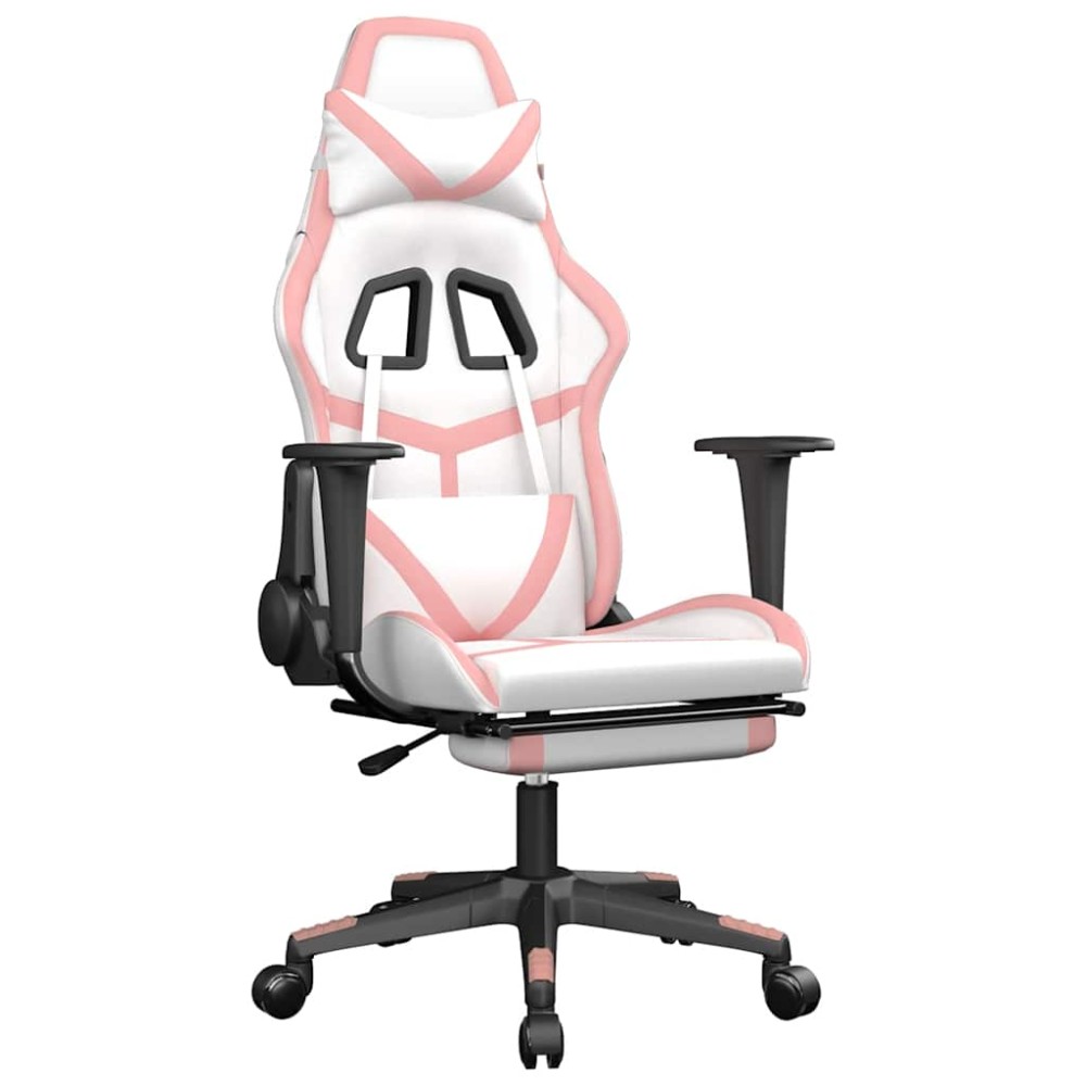 vidaXL Scaun gaming de masaj/suport picioare, alb/roz, piele ecologică