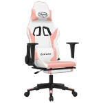 vidaXL Scaun gaming de masaj/suport picioare, alb/roz, piele ecologică