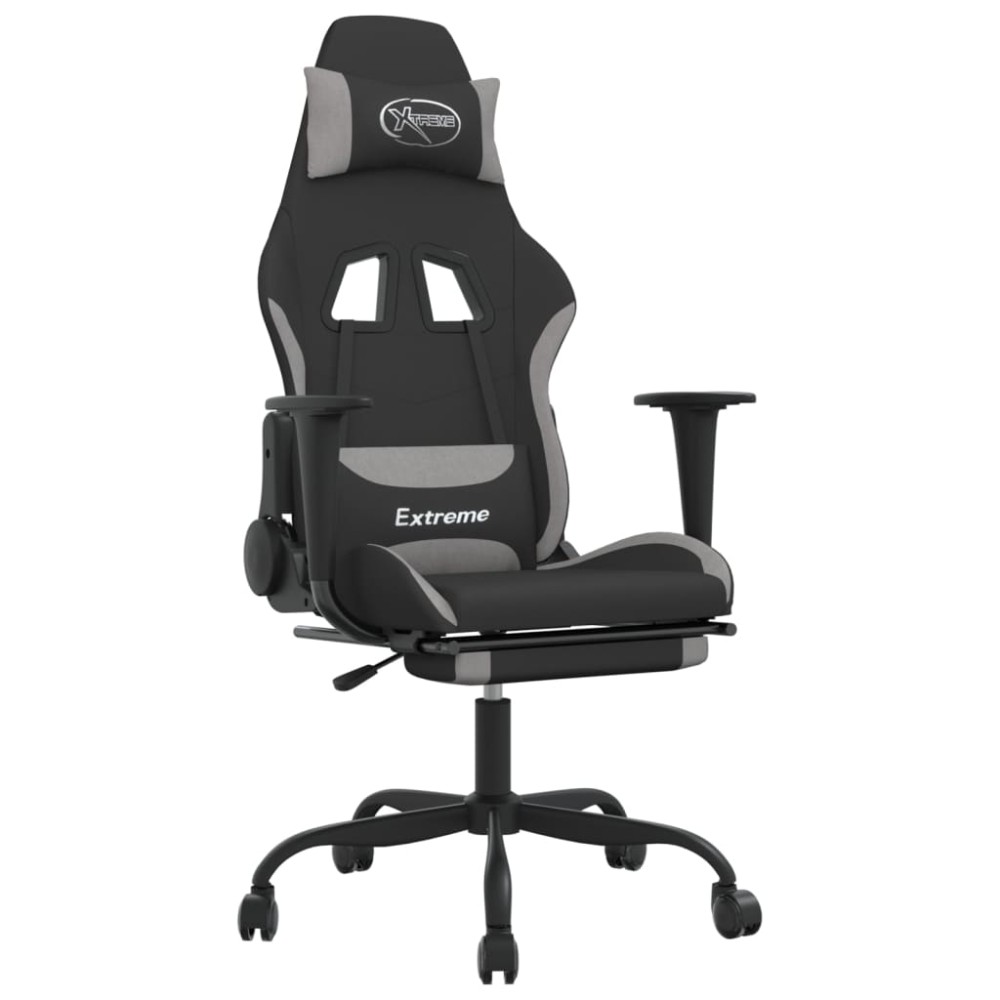vidaXL Scaun gaming cu masaj/suport picioare, negru/gri deschis textil