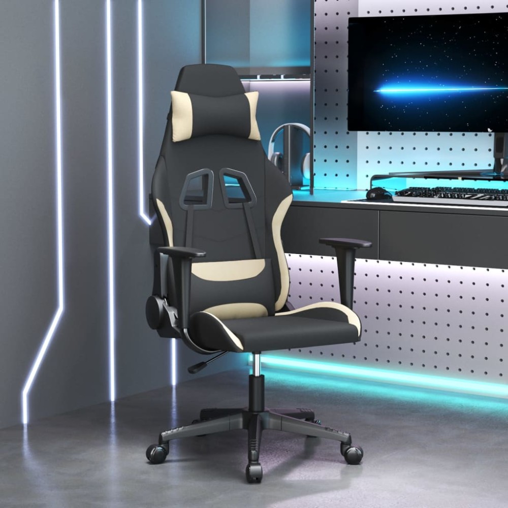 vidaXL Scaun de gaming cu masaj, negru și crem, material textil