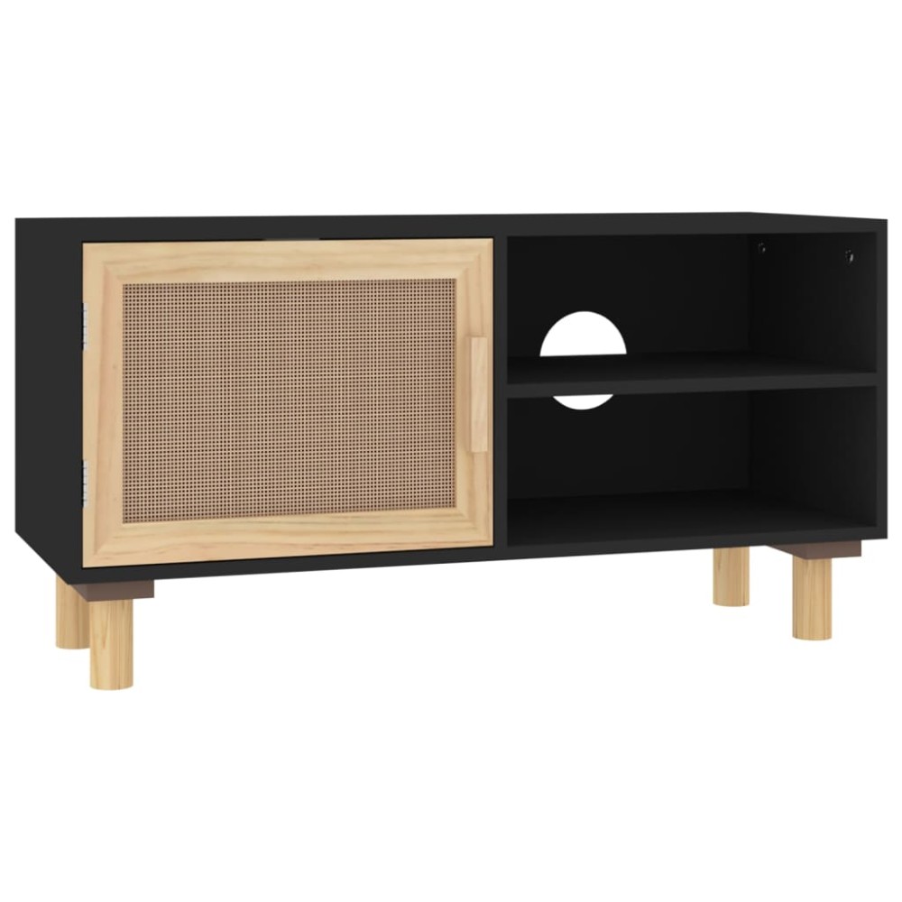 vidaXL Comodă TV, negru, 80x30x40 cm, lemn masiv pin și ratan natural
