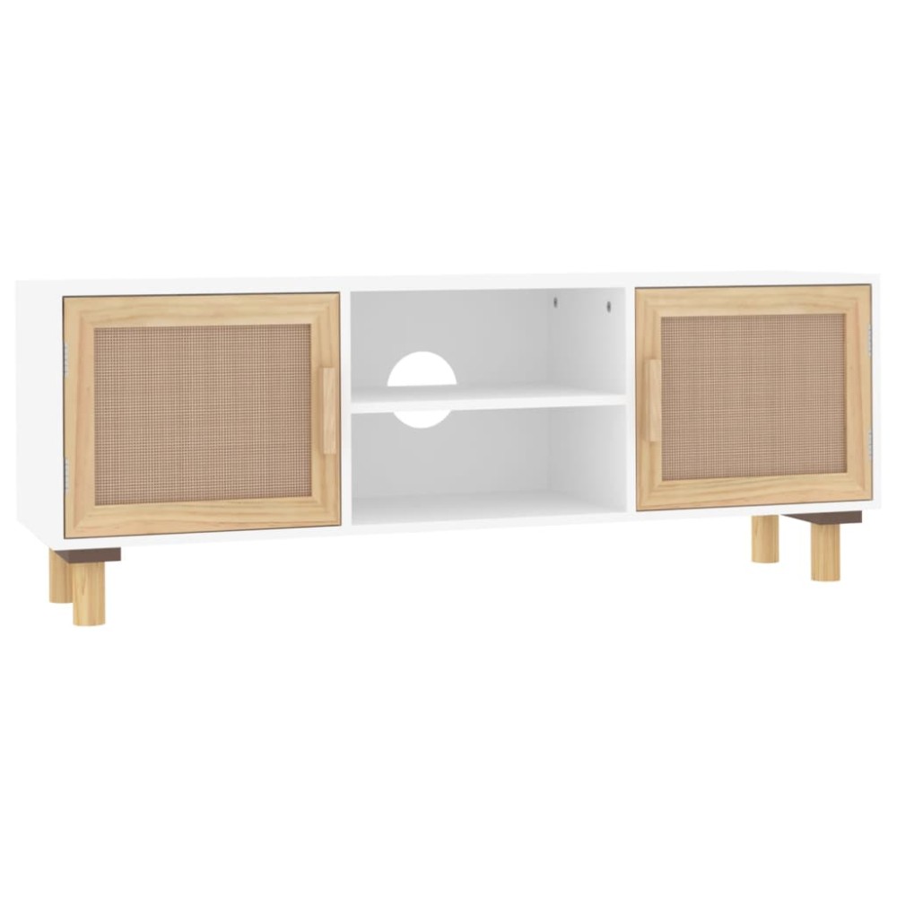 vidaXL Comodă TV, alb, 105x30x40 cm lemn masiv pin și ratan natural