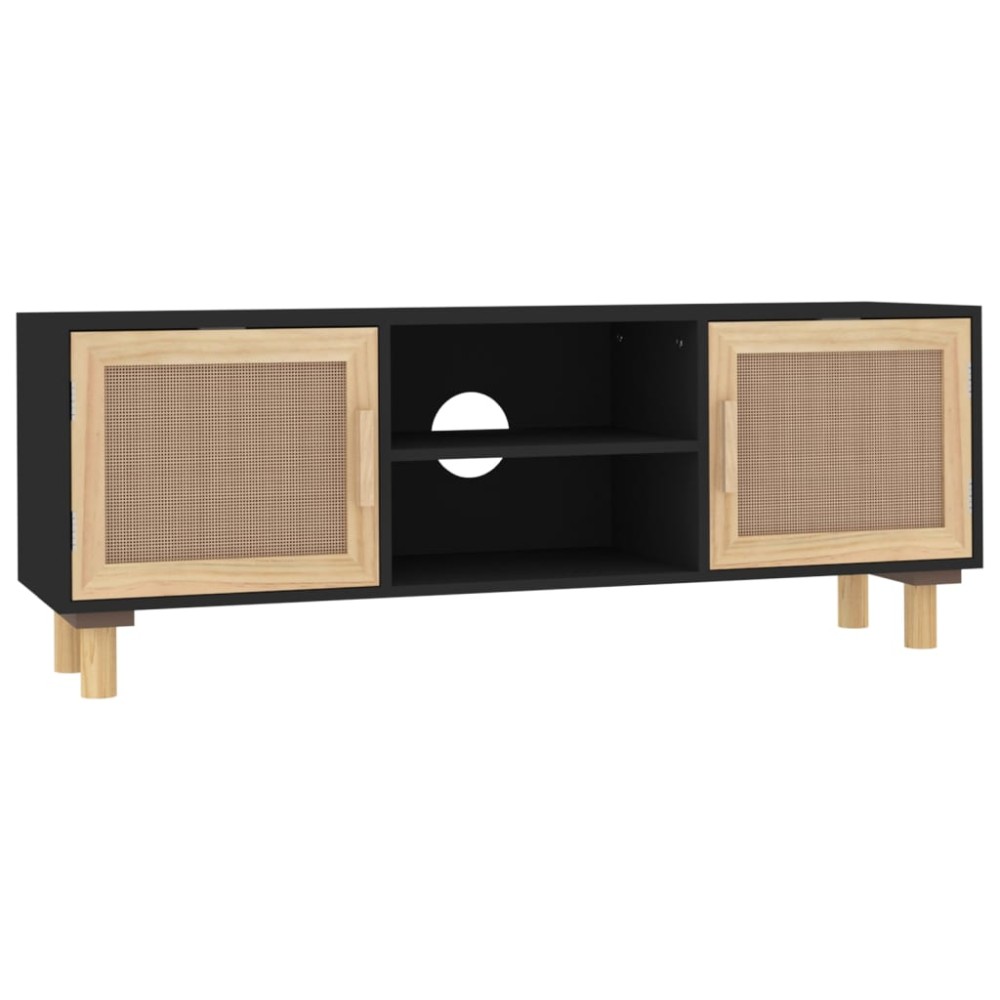 vidaXL Comodă TV, negru, 105x30x40 cm lemn masiv pin și ratan natural