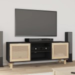 vidaXL Comodă TV, negru, 105x30x40 cm lemn masiv pin și ratan natural