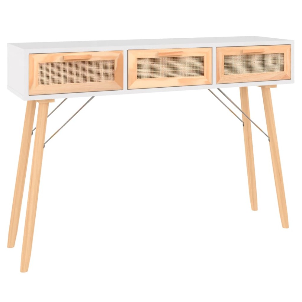 vidaXL Masă consolă alb 105x30x75 cm lemn masiv pin și ratan natural