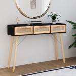 vidaXL Masă consolă negru 105x30x75 cm lemn masiv pin și ratan natural vidaXL Masă consolă negru 105x30x75 cm lemn masiv pin și ratan natural