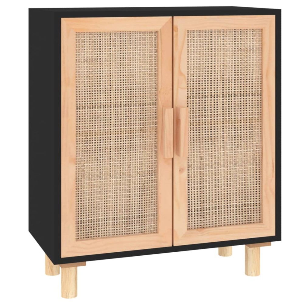 vidaXL Servantă, negru, 60x30x70 cm, lemn masiv pin și ratan natural