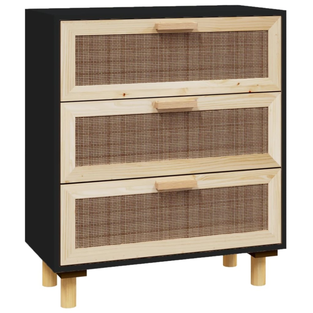 vidaXL Servantă, negru, 60x30x70 cm, lemn masiv pin și ratan natural