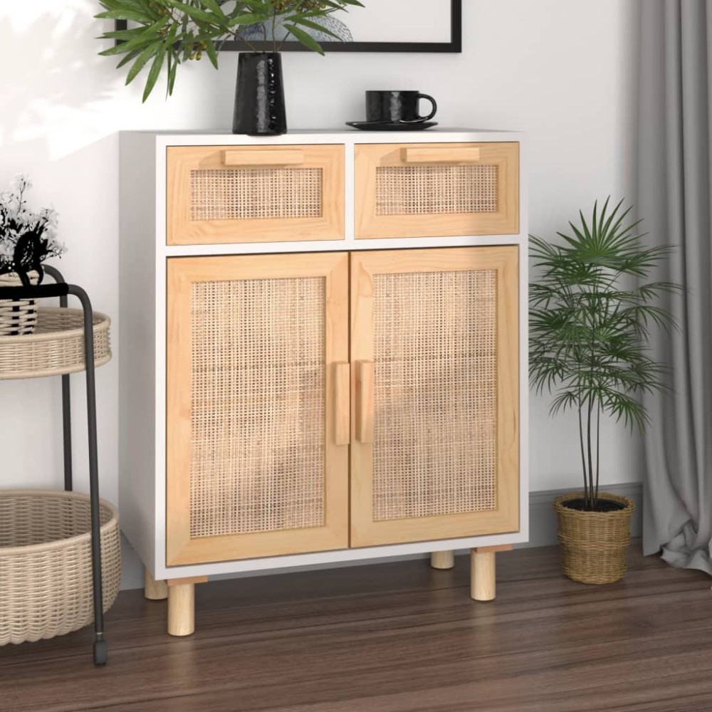 vidaXL Servantă, alb, 60x30x75 cm, lemn masiv pin și ratan natural