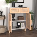 vidaXL Servantă, alb, 60x30x75 cm, lemn masiv pin și ratan natural