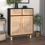 vidaXL Servantă, negru, 60x30x75 cm, lemn masiv pin și ratan natural vidaXL Servantă, negru, 60x30x75 cm, lemn masiv pin și ratan natural