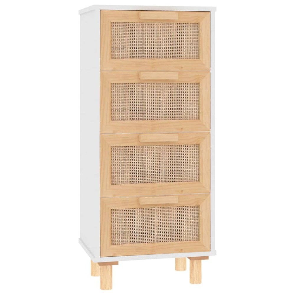 vidaXL Servantă, alb, 40x30x90 cm, lemn masiv pin și ratan natural