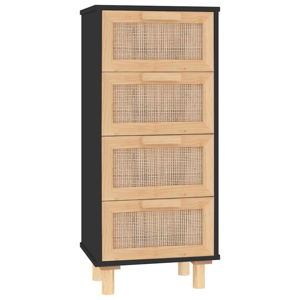 vidaXL Servantă, negru, 40x30x90 cm, lemn masiv pin și ratan natural