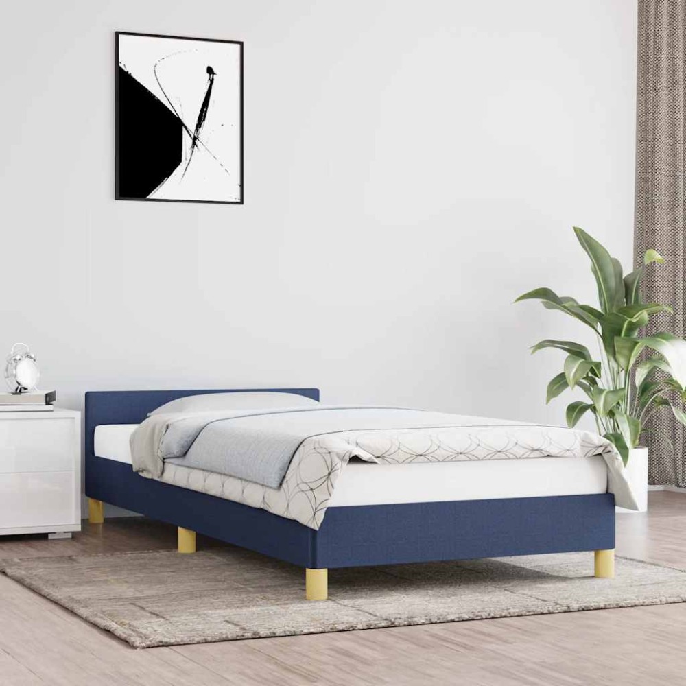 vidaXL Cadru de pat cu tăblie fără saltea, albastru, 90x200 cm, textil