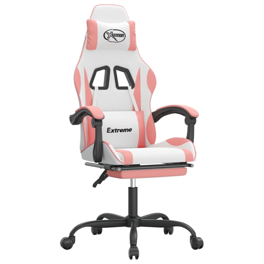 vidaXL Scaun de gaming pivotant cu suport picioare, alb&roz, piele eco