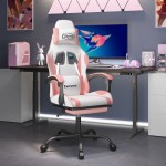 vidaXL Scaun de gaming pivotant cu suport picioare, alb&roz, piele eco vidaXL Scaun de gaming pivotant cu suport picioare, alb&roz, piele eco