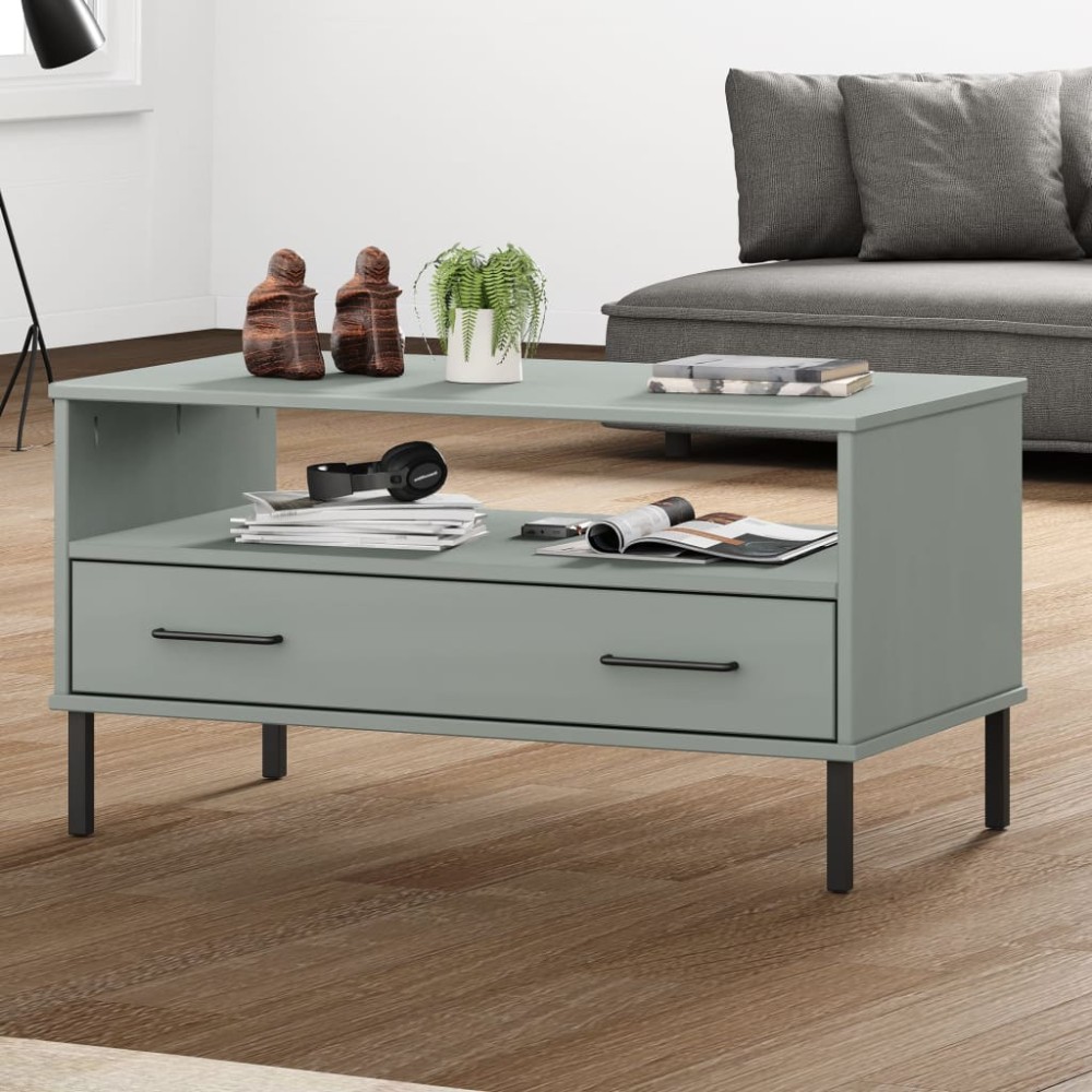 vidaXL Măsuță cafea picioare metalice gri 85x50x45cm lemn masiv "OSLO"