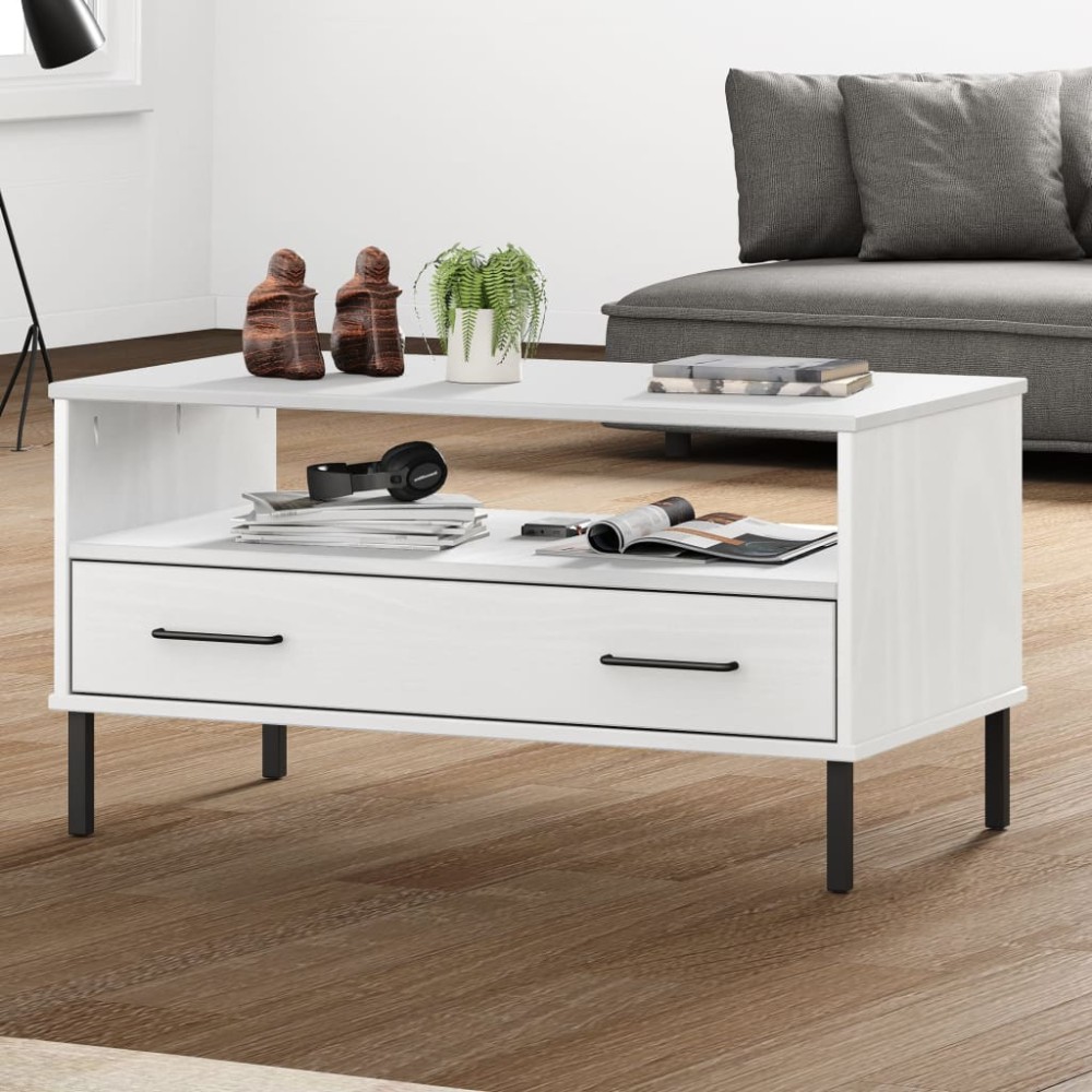 vidaXL Măsuță cafea picioare metalice alb 85x50x45cm lemn masiv "OSLO"