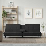 vidaXL Canapea extensibilă cu suporturi de pahare, negru, catifea vidaXL Canapea extensibilă cu suporturi de pahare, negru, catifea