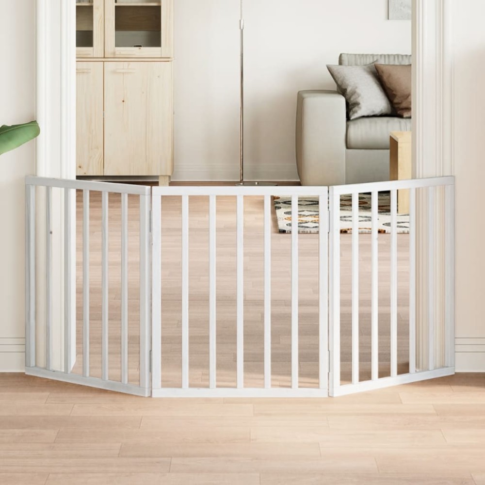 vidaXL Poartă pentru câini pliabilă, 3 panouri, alb, 150 cm, lemn plop