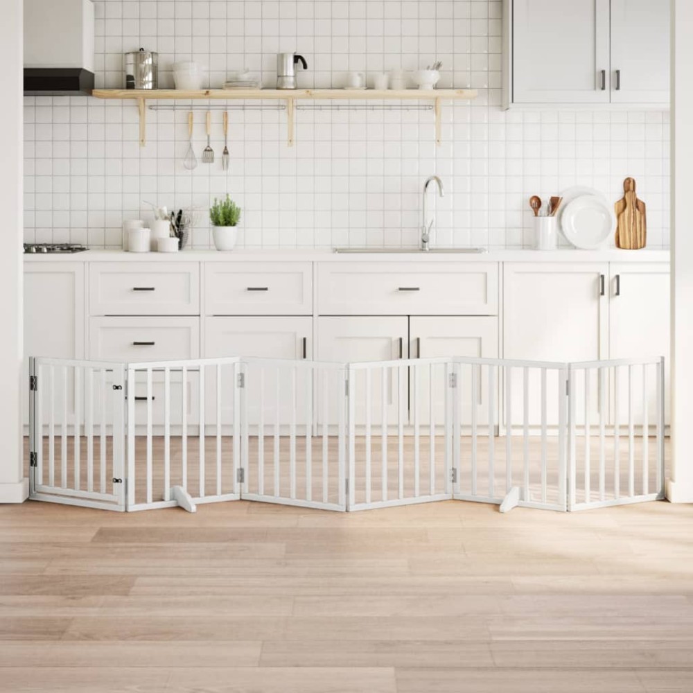 vidaXL Poartă câini pliabilă cu ușă, 6 panouri, alb, 300 cm, lemn plop