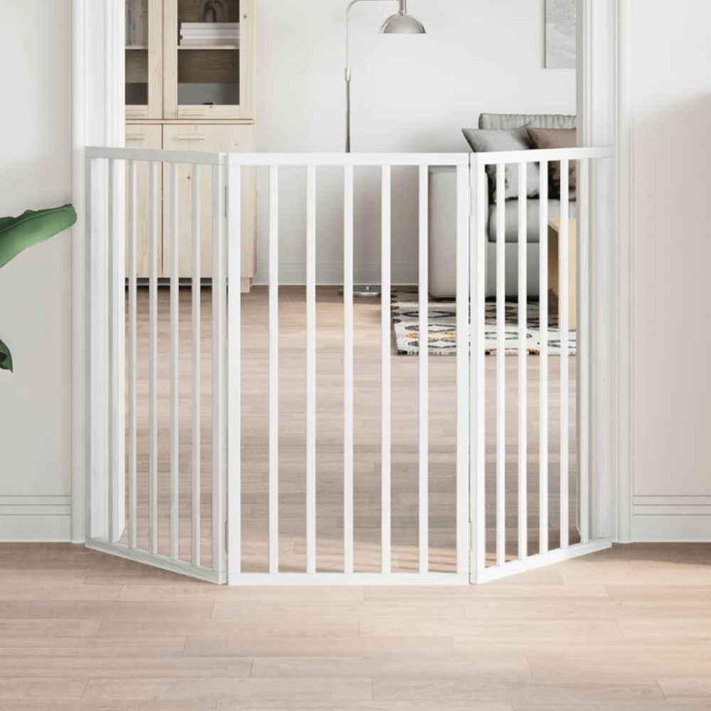vidaXL Poartă de acces pentru câini pliabilă, 3 panouri, albă, 150 cm, lemn de plop