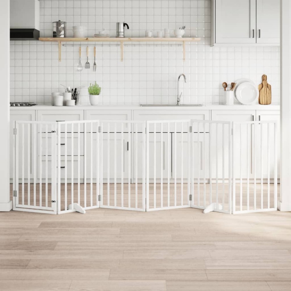 vidaXL Poartă de acces pentru câini cu ușă pliabilă, 6 panouri, albă, 300 cm, lemn de plop