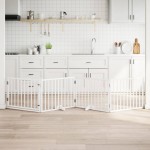 vidaXL Poartă câini pliabilă cu ușă, 4 panouri, alb, 320 cm, lemn plop