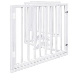 vidaXL Poartă câini pliabilă cu ușă, 4 panouri, alb, 320 cm, lemn plop