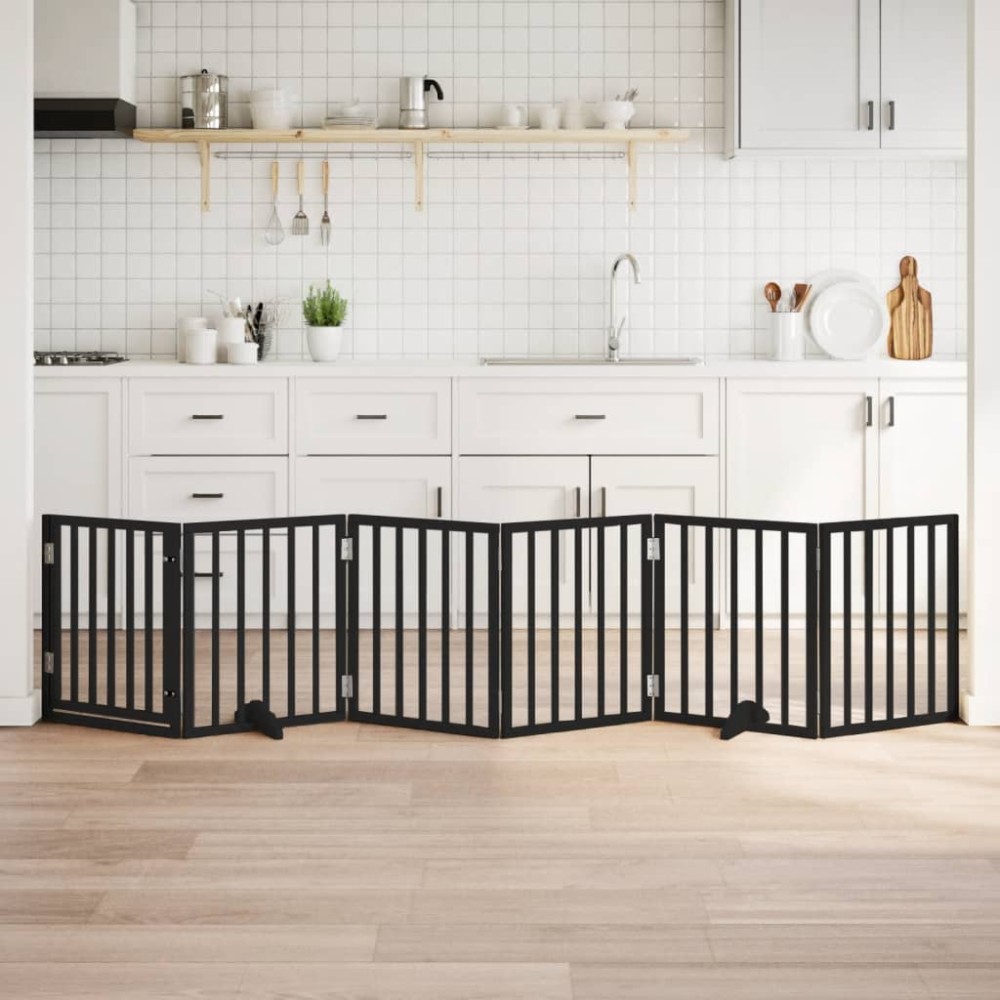 vidaXL Poartă câini pliabilă cu ușă 6 panouri negru, 300 cm, lemn plop