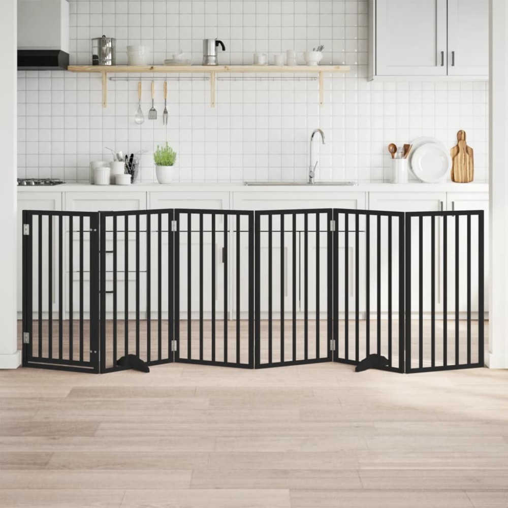 vidaXL Poartă câini pliabilă cu ușă 6 panouri negru, 300 cm, lemn plop