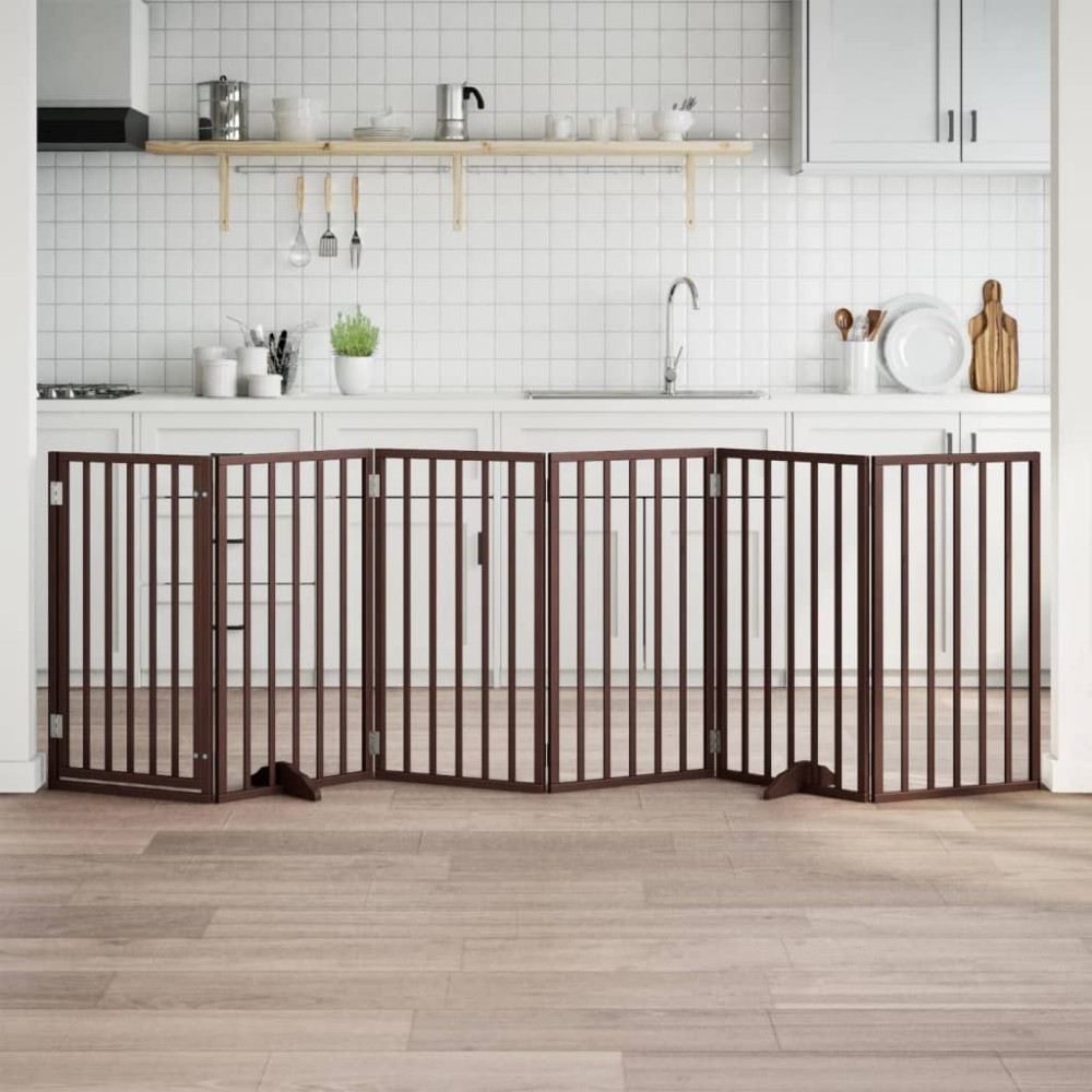 vidaXL Poartă de acces pentru câini cu ușă pliabilă, 6 panouri, maro, 300 cm, lemn de plop