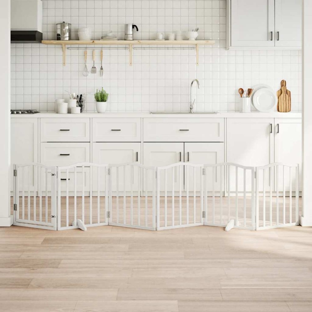 vidaXL Poartă câini pliabilă cu ușă, 6 panouri, alb, 300 cm, lemn plop