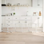 vidaXL Poartă câini pliabilă cu ușă, 6 panouri, alb, 300 cm, lemn plop