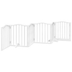 vidaXL Poartă câini pliabilă cu ușă, 6 panouri, alb, 300 cm, lemn plop