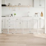 vidaXL Poartă câini pliabilă cu ușă, 6 panouri, alb, 300 cm, lemn plop