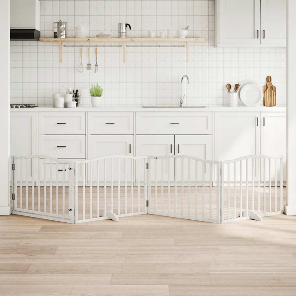 vidaXL Poartă câini pliabilă cu ușă, 4 panouri, alb, 320 cm, lemn plop